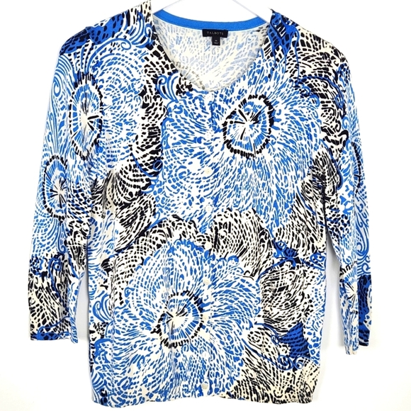 Talbots Sweater Size M Blue Black Abstract Cardigan Button Up Lightweight - Picture 1 of 6